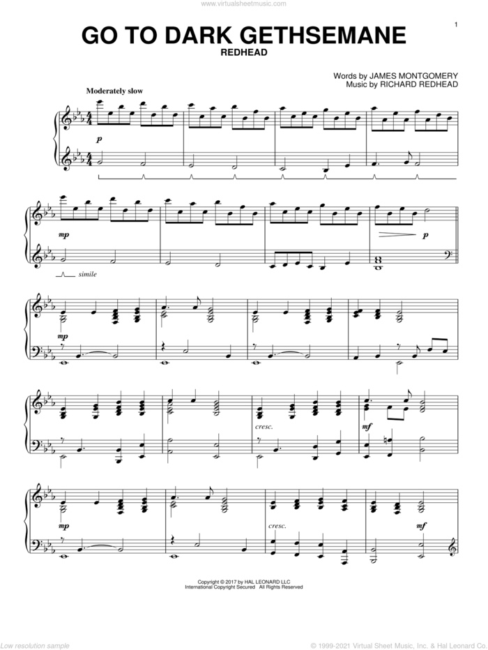 Go To Dark Gethsemane sheet music for piano solo by James Montgomery and Richard Redhead, intermediate skill level