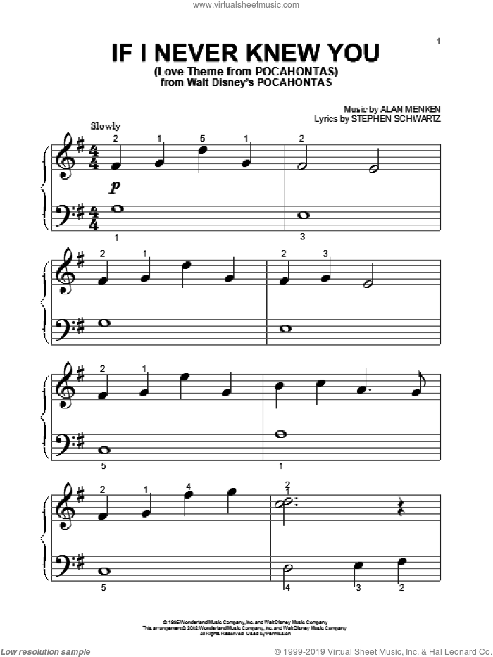 If I Never Knew You (End Title) (from Pocahontas) sheet music for piano solo (big note book) by Jon Secada, Shanice, Alan Menken and Stephen Schwartz, easy piano (big note book)