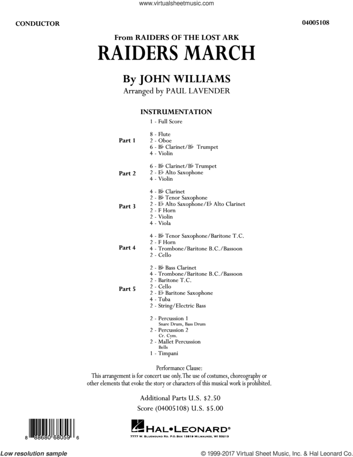 Raiders March (COMPLETE) sheet music for concert band by John Williams and Paul Lavender, classical score, intermediate skill level
