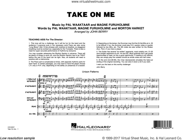 Take on Me (COMPLETE) sheet music for jazz band by John Berry, a-ha, Magne Furuholmne, Morton Harket and Pal Waaktaar, intermediate skill level