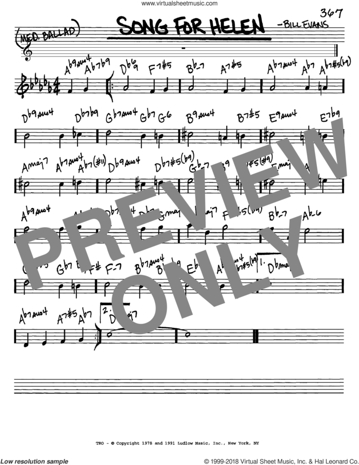 Song For Helen sheet music for voice and other instruments (in C) by Bill Evans, intermediate skill level
