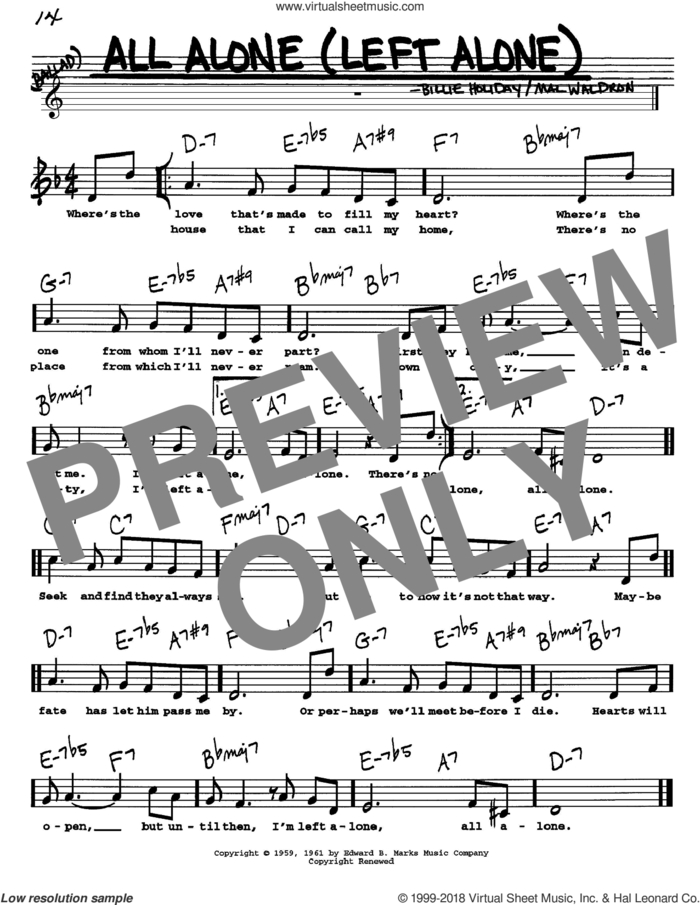 All Alone (Left Alone) sheet music for voice and other instruments  by Billie Holiday and Mal Waldron, intermediate skill level