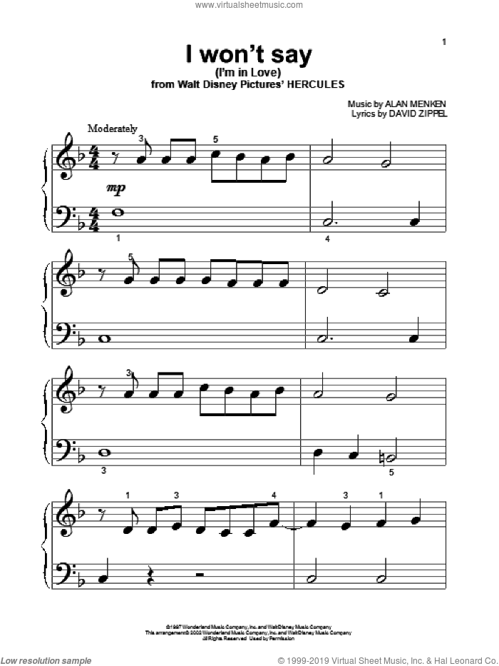 I Won't Say (I'm In Love) sheet music for piano solo by Alan Menken and David Zippel, beginner skill level