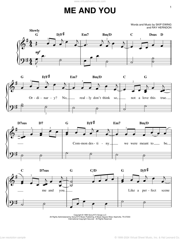 Me And You sheet music for piano solo by Kenny Chesney, Ray Herndon and Skip Ewing, wedding score, easy skill level