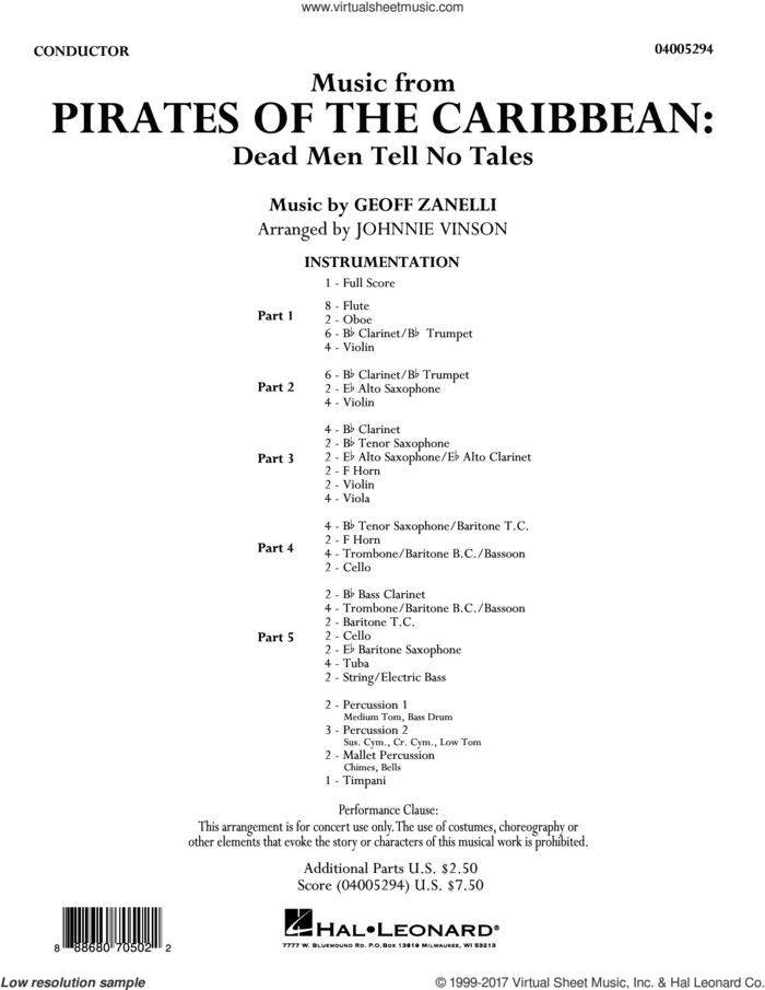 Music from Pirates of the Caribbean: Dead Men Tell No Tales (COMPLETE) sheet music for concert band by Johnnie Vinson, intermediate skill level