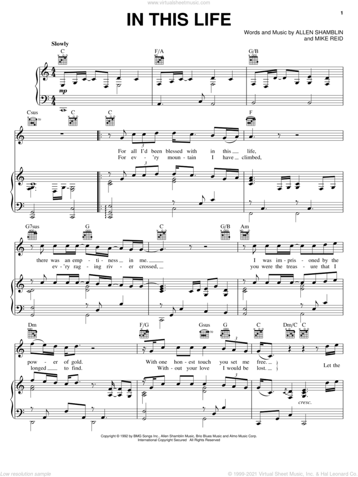 In This Life sheet music for voice, piano or guitar by Bette Middler, Collin Raye, Little Texas, Allen Shamblin and Mike Reid, wedding score, intermediate skill level