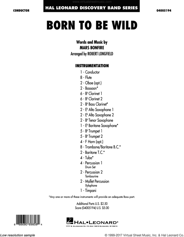 Born to Be Wild (COMPLETE) sheet music for concert band by Robert Longfield, Mars Bonfire and Steppenwolf, intermediate skill level