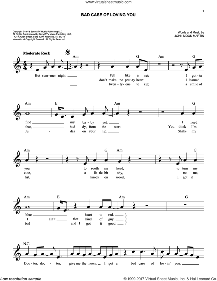 Bad Case Of Loving You sheet music for voice and other instruments (fake book) by Robert Palmer and John Moon Martin, easy skill level