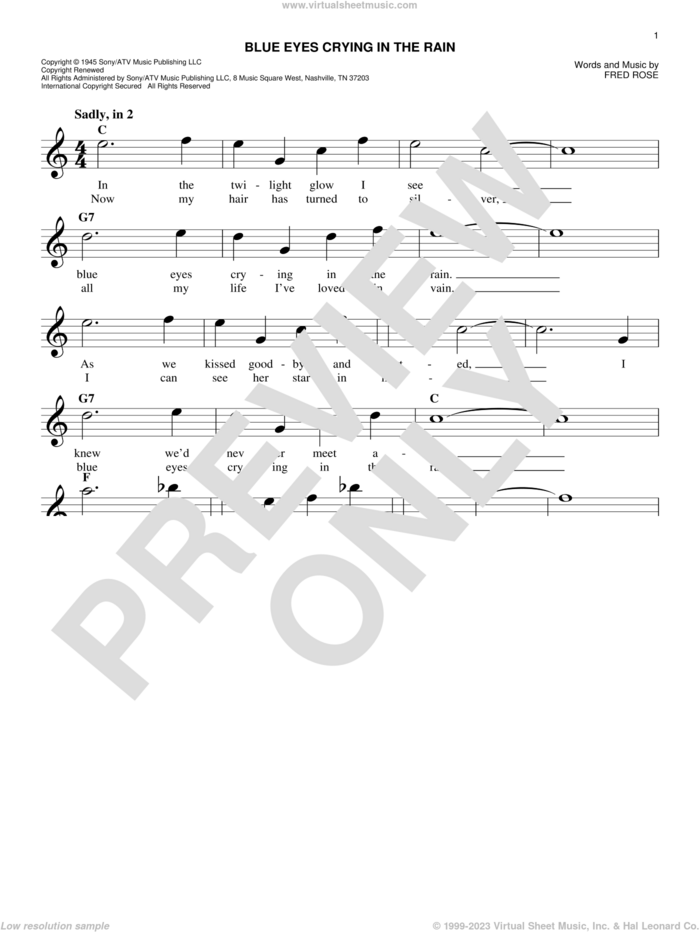 Blue Eyes Crying In The Rain sheet music for voice and other instruments (fake book) by Willie Nelson and Fred Rose, easy skill level