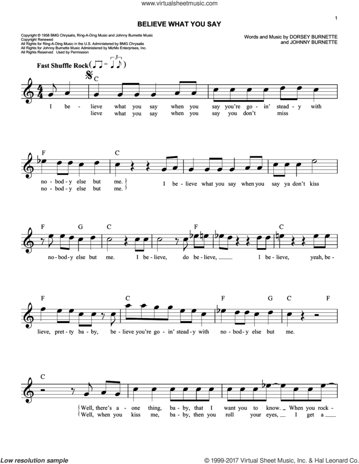 Believe What You Say sheet music for voice and other instruments (fake book) by Ricky Nelson, Dorsey Burnette and Johnny Burnette, easy skill level
