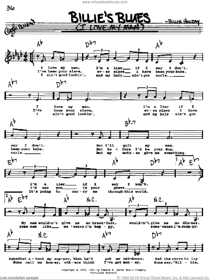 Billie's Blues (I Love My Man) sheet music for voice and other instruments  by Billie Holiday, intermediate skill level