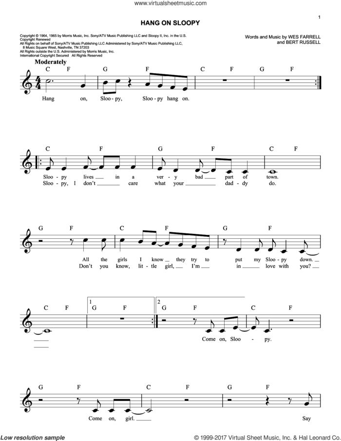 Hang On Sloopy sheet music for voice and other instruments (fake book) by The McCoys, Bert Russell and Wes Farrell, easy skill level