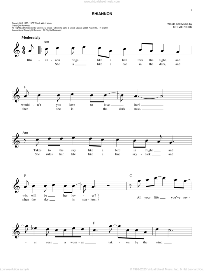 Rhiannon sheet music for voice and other instruments (fake book) by Fleetwood Mac and Stevie Nicks, easy skill level