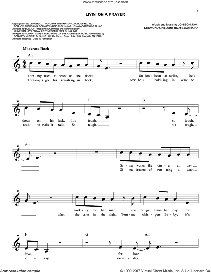Livin' On A Prayer sheet music for voice and other instruments (fake book) by Bon Jovi, Desmond Child and Richie Sambora, easy skill level