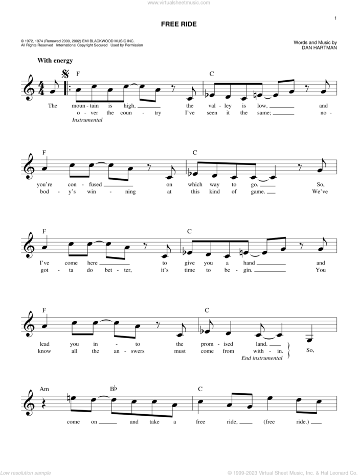 Free Ride sheet music for voice and other instruments (fake book) by Edgar Winter Group and Dan Hartman, easy skill level