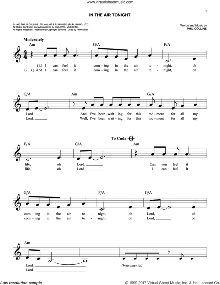 In The Air Tonight sheet music for voice and other instruments (fake book) by Phil Collins, easy skill level