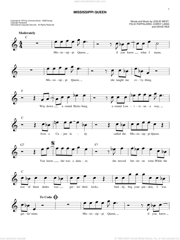 Mississippi Queen sheet music for voice and other instruments (fake book) by Mountain, Corky Laing, David Rea, Felix Pappalardi and Leslie West, easy skill level