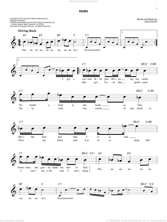 Hush sheet music for voice and other instruments (fake book) by Deep Purple and Joe South, easy skill level
