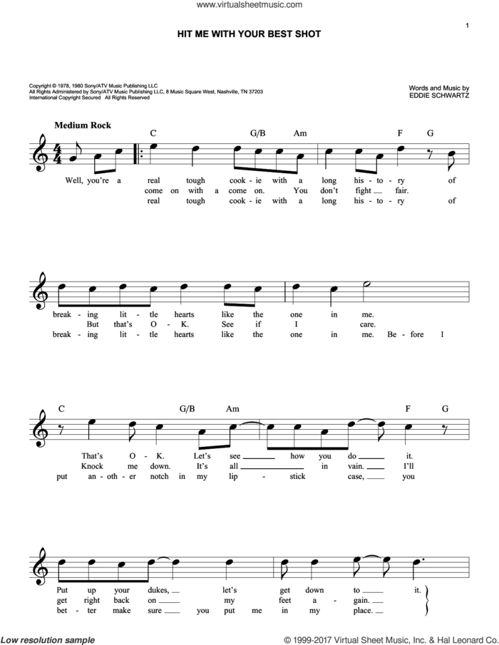 Hit Me With Your Best Shot sheet music for voice and other instruments (fake book) by Pat Benatar and Eddie Schwartz, intermediate skill level