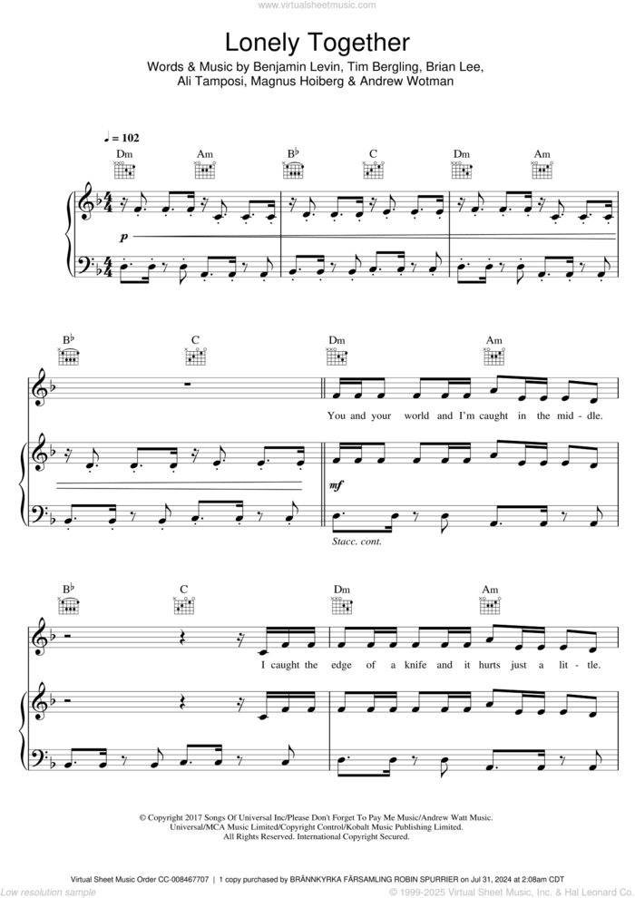 Lonely Together (featuring Rita Ora) sheet music for voice, piano or guitar by Avicii, Rita Ora, Ali Tamposi, Andrew Wotman, Benjamin Levin, Brian Lee, Magnus Hoiberg and Tim Bergling, intermediate skill level