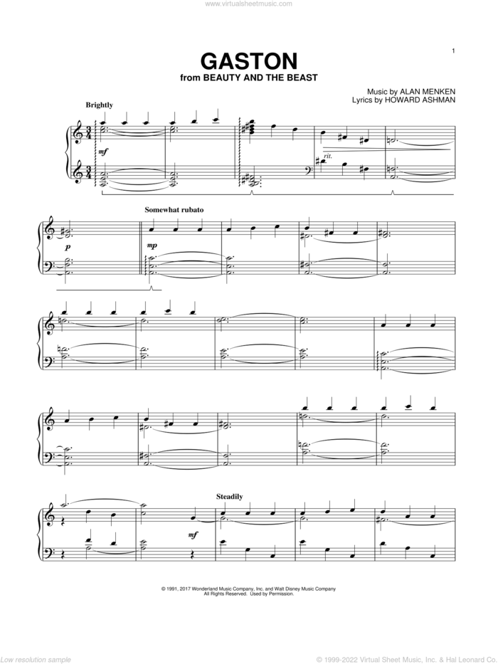 Gaston (from Beauty And The Beast) sheet music for piano solo by Beauty and the Beast Cast, Tim Rice, Alan Menken, Alan Menken & Howard Ashman and Howard Ashman, intermediate skill level