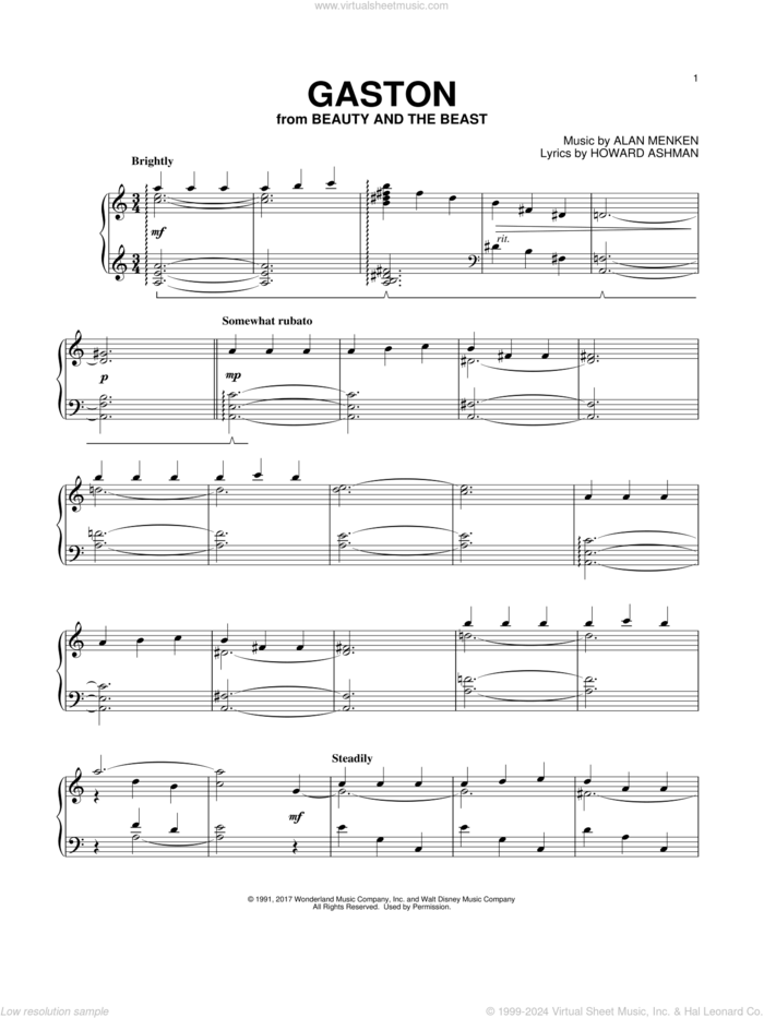 Gaston (from Beauty And The Beast) sheet music for piano solo by Beauty and the Beast Cast, Tim Rice, Alan Menken, Alan Menken & Howard Ashman and Howard Ashman, intermediate skill level