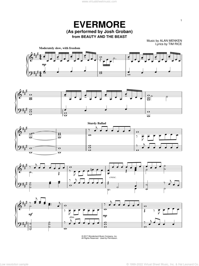 Evermore (from Beauty And The Beast), (intermediate) sheet music for piano solo by Josh Groban, Howard Ashman, Alan Menken and Tim Rice, intermediate skill level