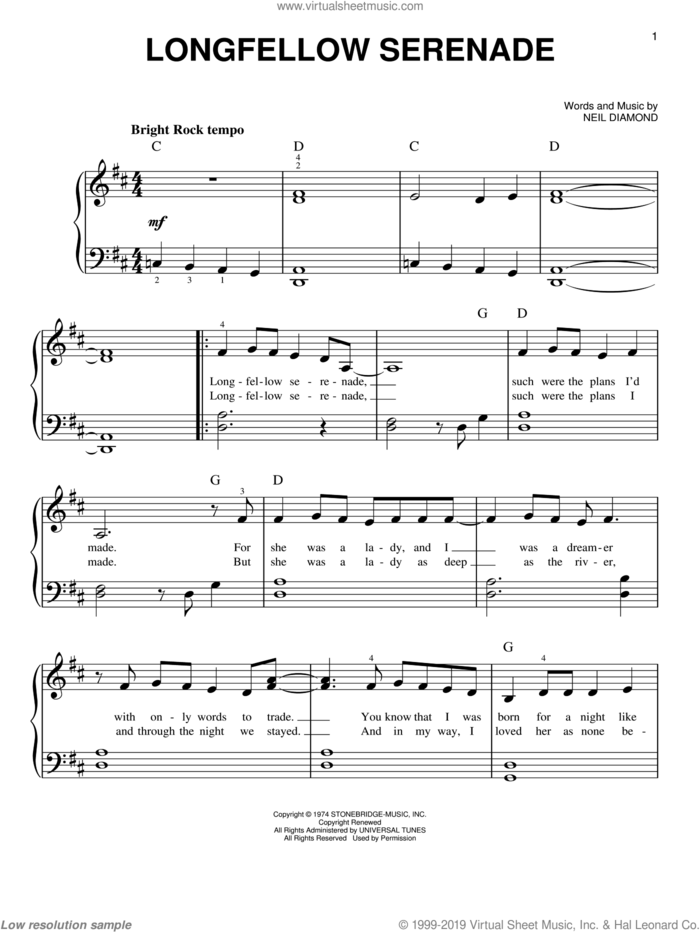 Longfellow Serenade sheet music for piano solo by Neil Diamond, easy skill level