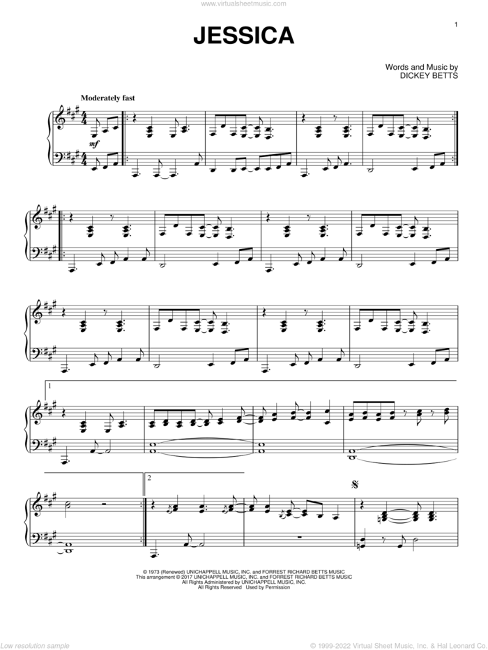 Jessica sheet music for piano solo by The Allman Brothers Band and Dickey Betts, intermediate skill level