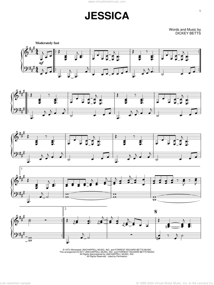 Jessica sheet music for piano solo by The Allman Brothers Band and Dickey Betts, intermediate skill level