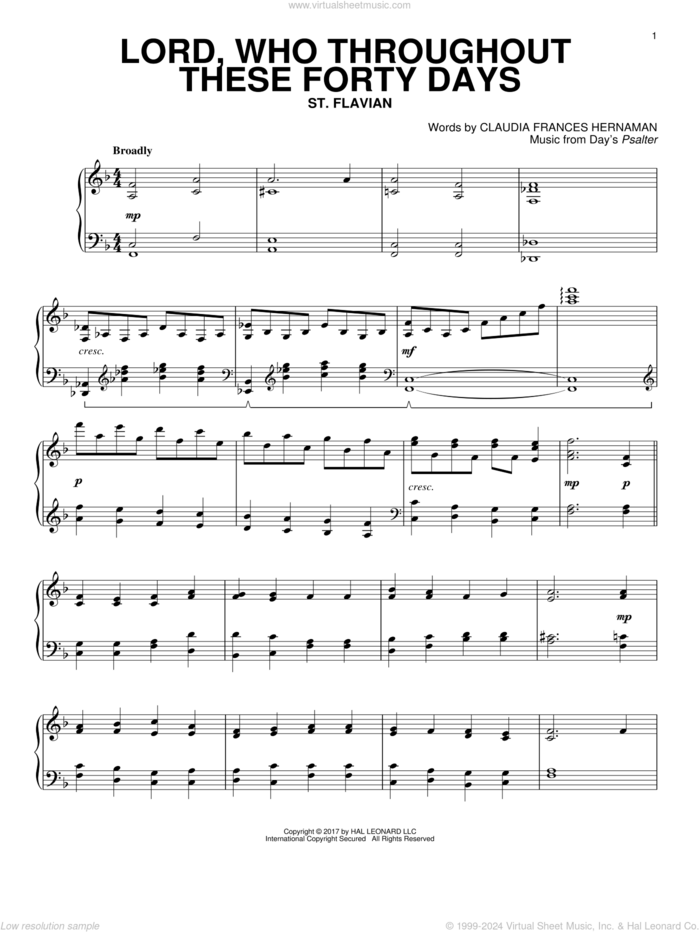 Lord, Who Throughout These Forty Days sheet music for piano solo by Claudia Frances Hernaman, intermediate skill level