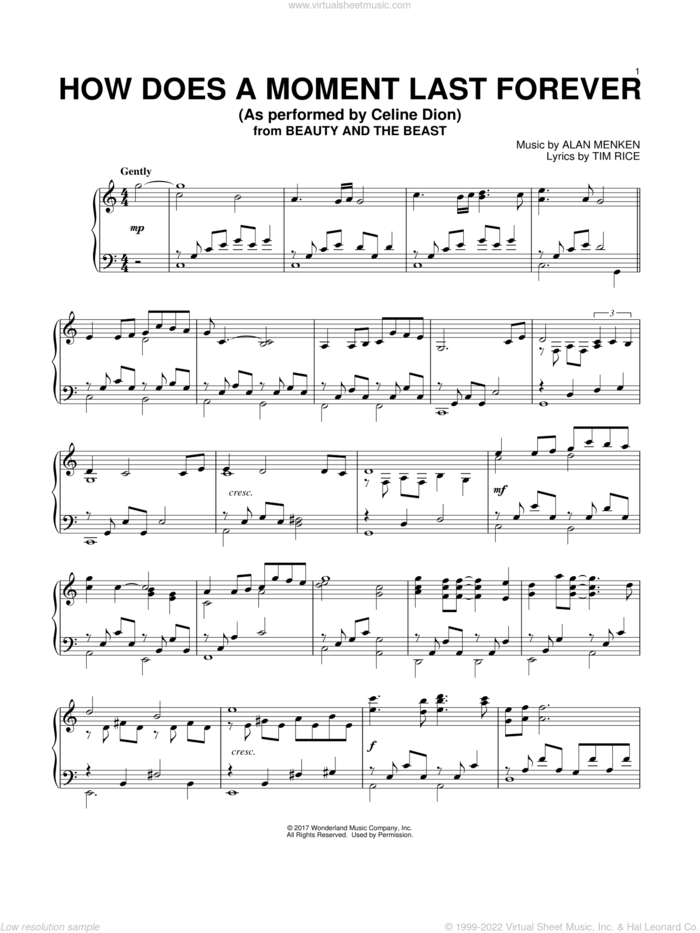 How Does A Moment Last Forever (from Beauty And The Beast) sheet music for piano solo by Celine Dion, Howard Ashman, Alan Menken and Tim Rice, intermediate skill level