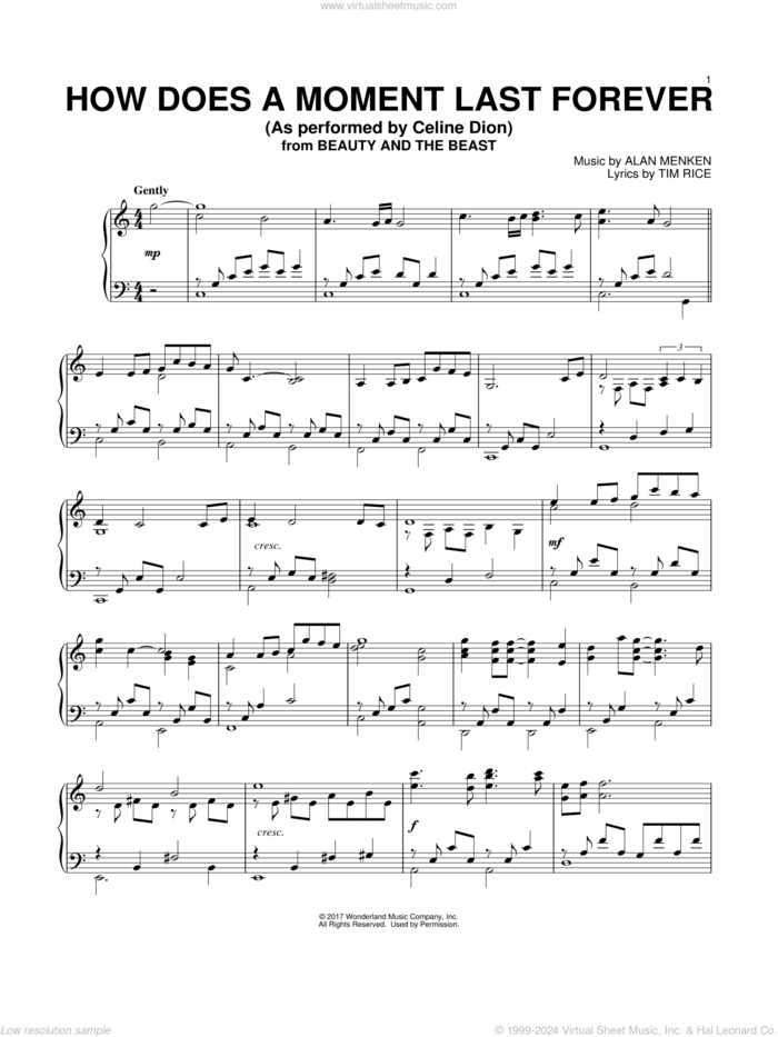 How Does A Moment Last Forever (from Beauty And The Beast) sheet music for piano solo by Celine Dion, Howard Ashman, Alan Menken and Tim Rice, intermediate skill level