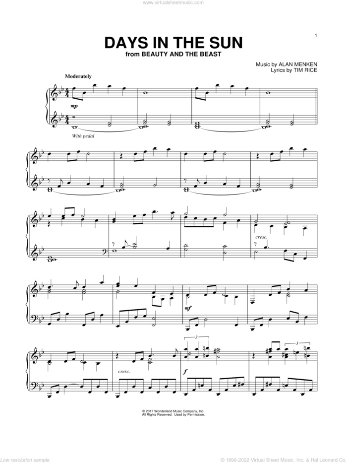 Days In The Sun (from Beauty And The Beast), (intermediate) sheet music for piano solo by Beauty and the Beast Cast, Howard Ashman, Alan Menken & Tim Rice, Alan Menken and Tim Rice, intermediate skill level
