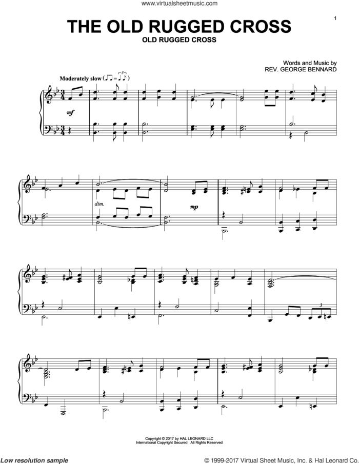 The Old Rugged Cross, (intermediate) sheet music for piano solo by Rev. George Bennard, intermediate skill level