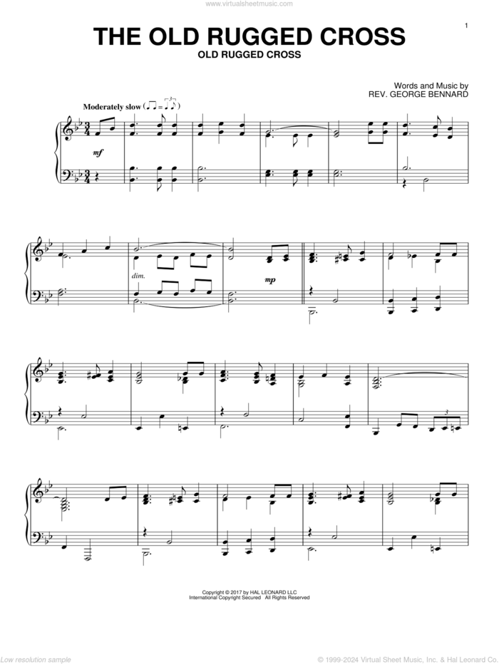 The Old Rugged Cross, (intermediate) sheet music for piano solo by Rev. George Bennard, intermediate skill level