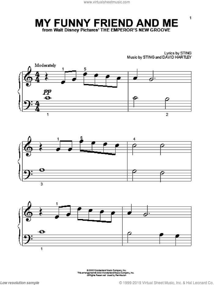 My Funny Friend And Me (from The Emperor's New Groove) sheet music for piano solo (big note book) by Sting and David Hartley, easy piano (big note book)