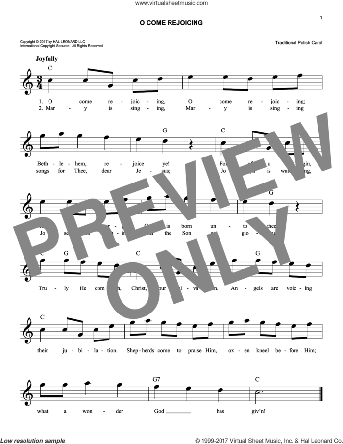 O Come Rejoicing sheet music for voice and other instruments (fake book), easy skill level