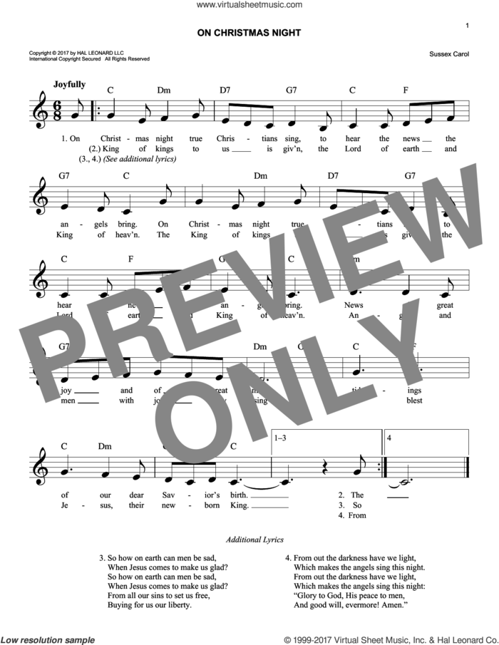 On Christmas Night sheet music for voice and other instruments (fake book), easy skill level