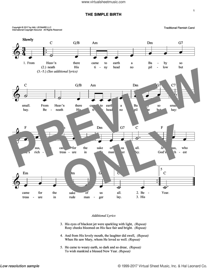 The Simple Birth sheet music for voice and other instruments (fake book), easy skill level