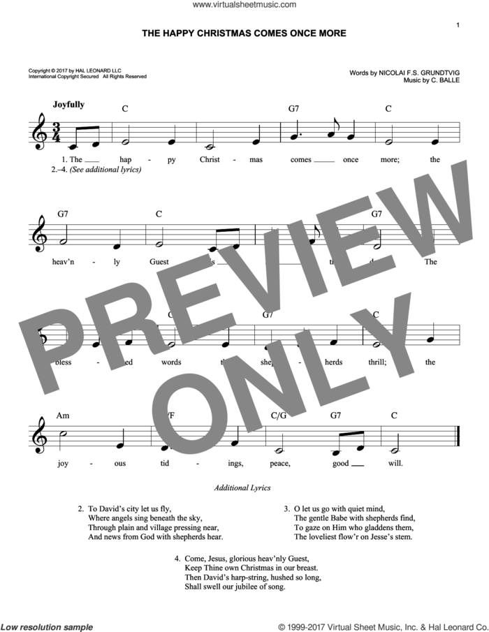 The Happy Christmas Comes Once More sheet music for voice and other instruments (fake book) by Nicolai F.S. Grundtvig and C. Balle, easy skill level