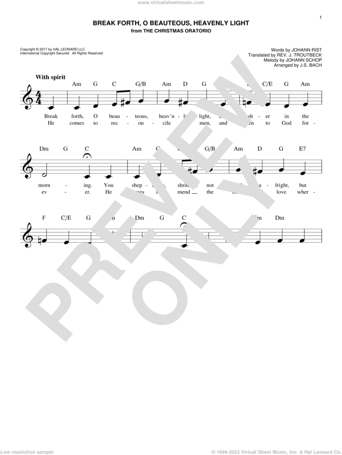 Break Forth, O Beauteous, Heavenly Light sheet music for voice and other instruments (fake book) by Johann Sebastian Bach, Johann Rist, Johann Schop and John Troutbeck (trans.), easy skill level