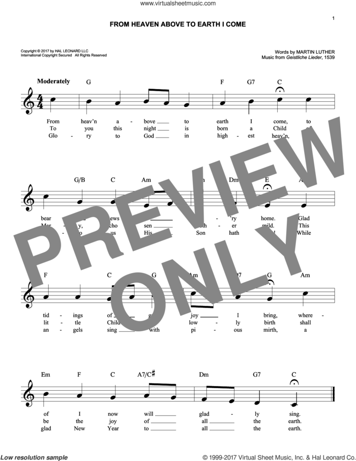 From Heaven Above To Earth I Come sheet music for voice and other instruments (fake book) by Geistliche Lieder and Martin Luther, easy skill level