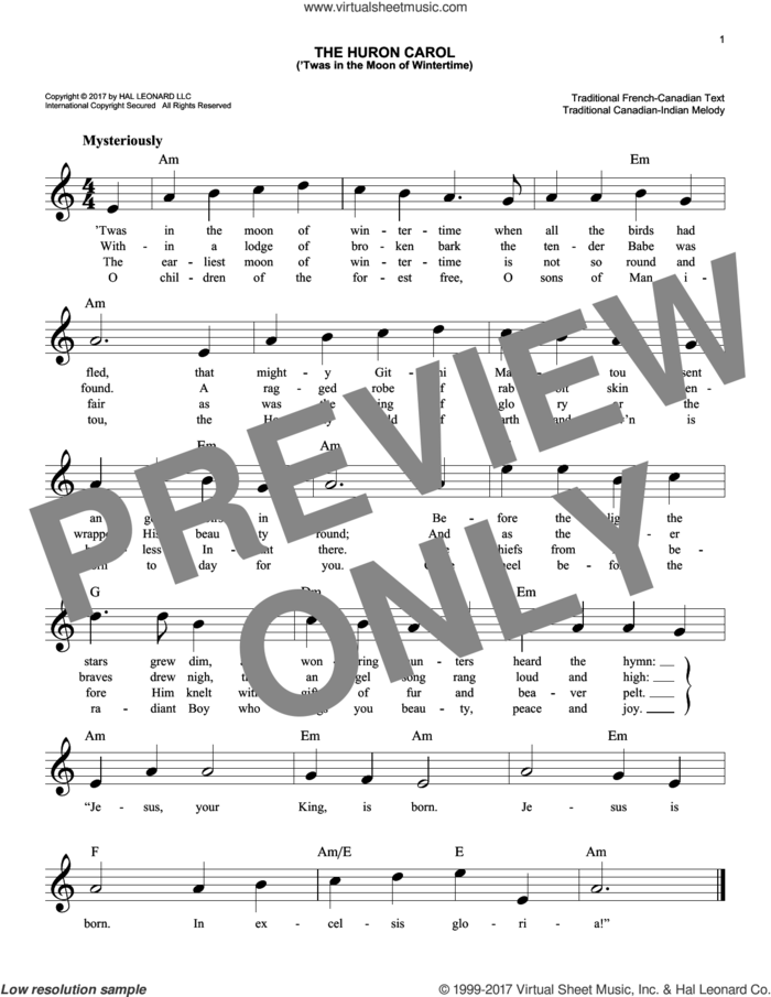 The Huron Carol ('Twas In The Moon Of Wintertime) sheet music for voice and other instruments (fake book) by Trad. Canadian-Indian Melody, intermediate skill level