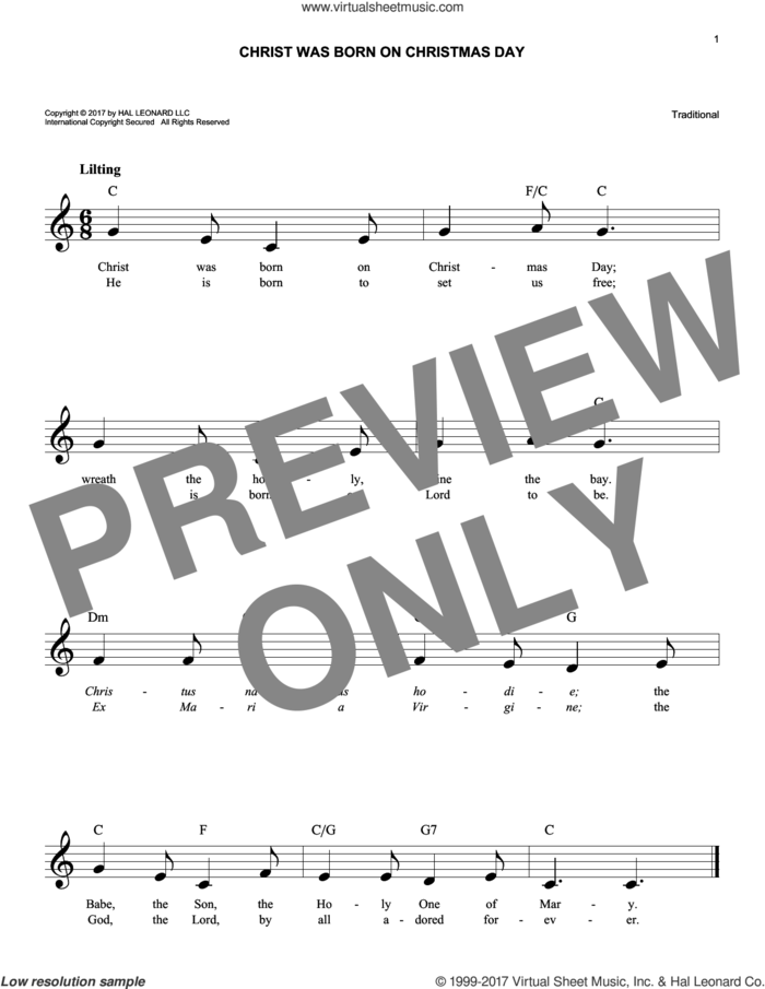 Christ Was Born On Christmas Day sheet music for voice and other instruments (fake book), easy skill level