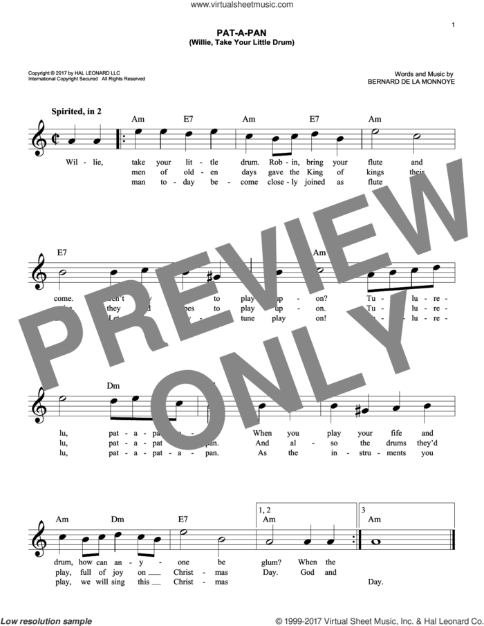 Pat-A-Pan (Willie, Take Your Little Drum) sheet music for voice and other instruments (fake book) by Bernard de la Monnoye, easy skill level