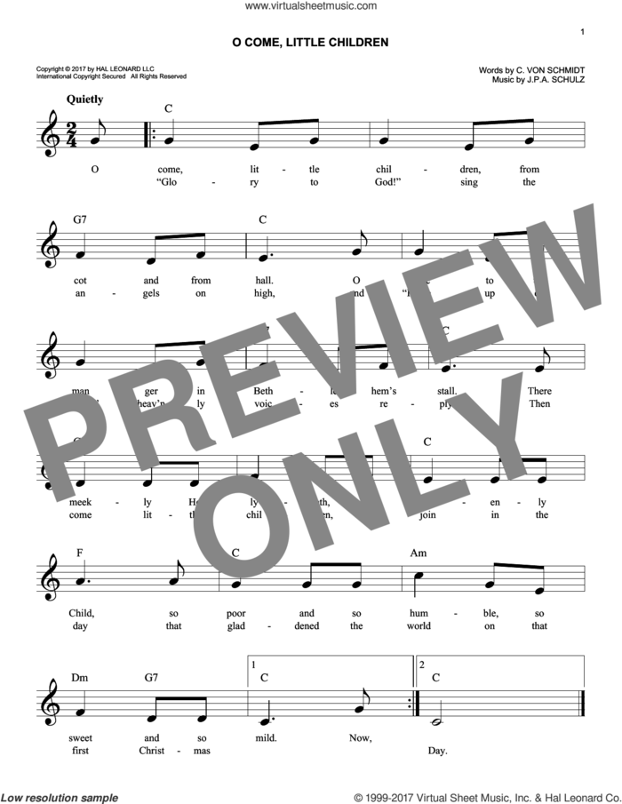 O Come, Little Children sheet music for voice and other instruments (fake book) by J.A.P. Schulz and Cristoph Von Schmid, easy skill level