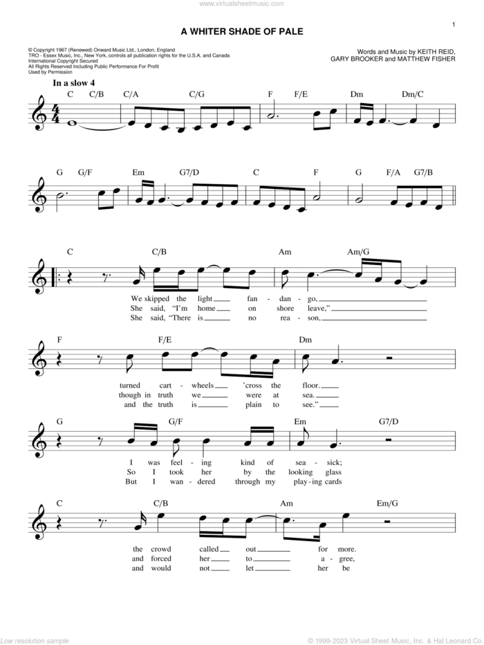 A Whiter Shade Of Pale sheet music for voice and other instruments (fake book) by Procol Harum, Gary Brooker, Keith Reid and Matthew Fisher, wedding score, intermediate skill level