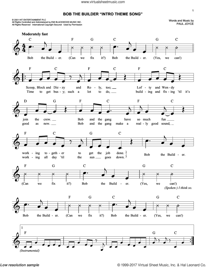 Bob The Builder 'Intro Theme Song' sheet music for voice and other instruments (fake book) by Paul Joyce, easy skill level