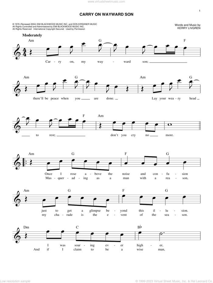 Carry On Wayward Son sheet music for voice and other instruments (fake book) by Kansas and Kerry Livgren, easy skill level